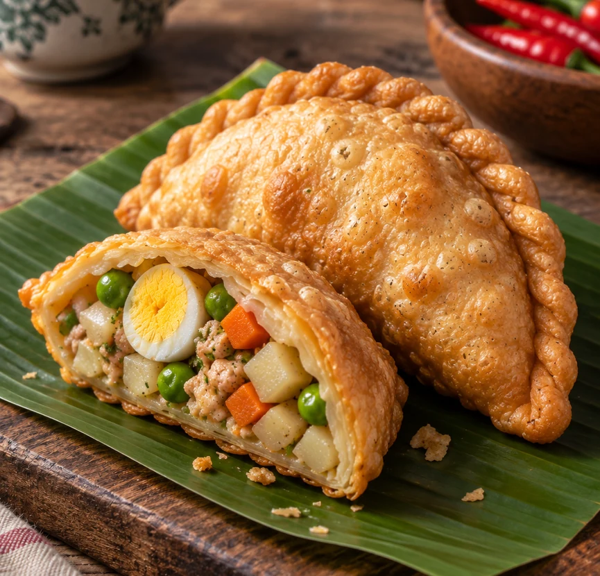 Pastel Teras renyah dengan isian gurih, disajikan di atas daun pisang